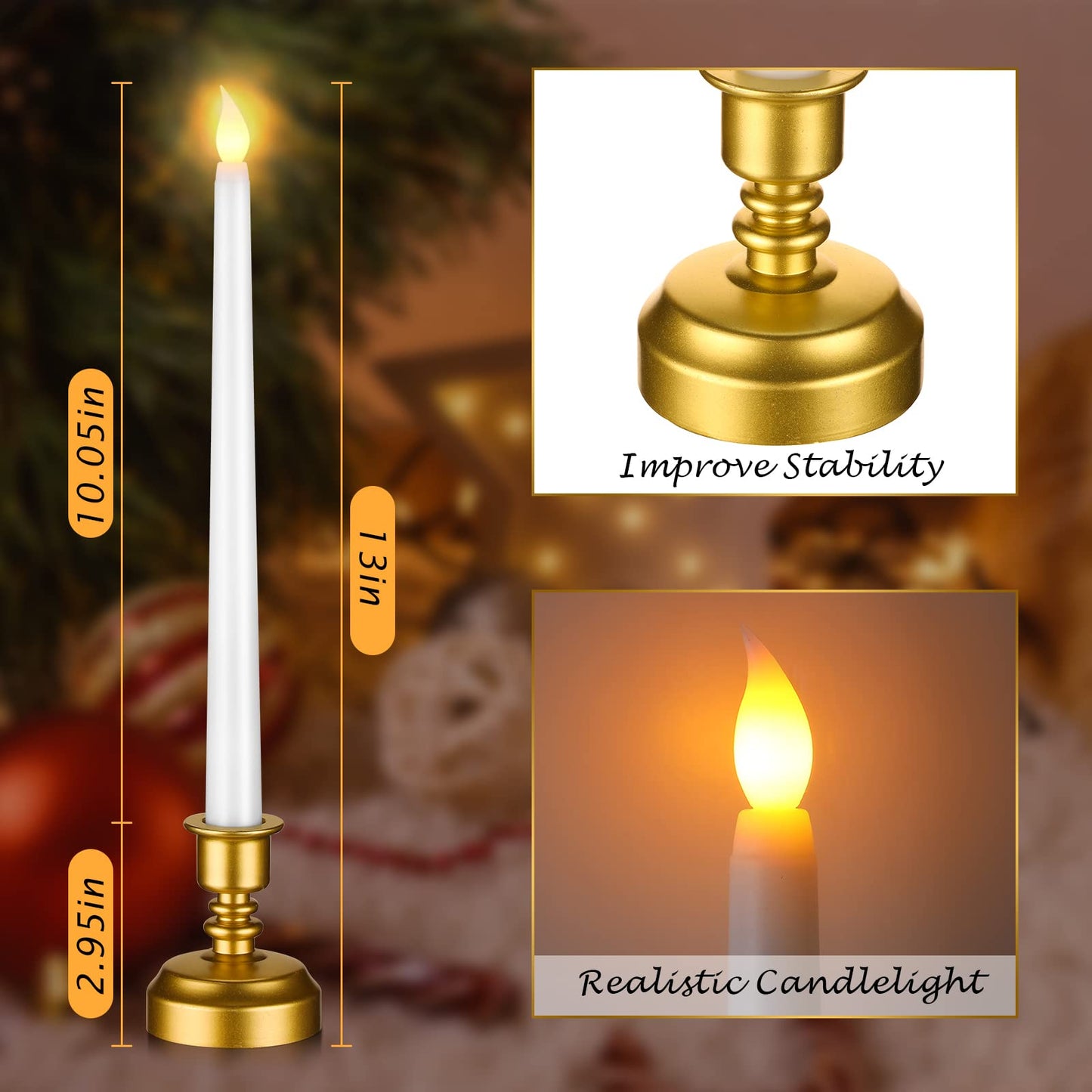 Fumete 16 Pcs Flameless Window Candles with Gold Base Battery Powered Taper Candles Battery Operated LED Candlesticks for Christmas Thanksgiving Wedding Party Decorations(White)