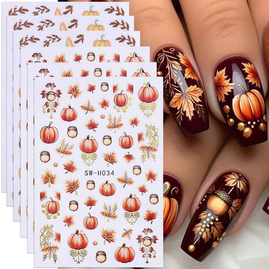 Pumpkin Nail Art Stickers Fall Maple Leaf Nail Decals 6PCS Maple Leaves Pumpkin Nails Design 3D Self-Adhesive Nail Art Supplies Fall Stickers for Nails Thanksgiving Day Women DIY Manicure Decorations