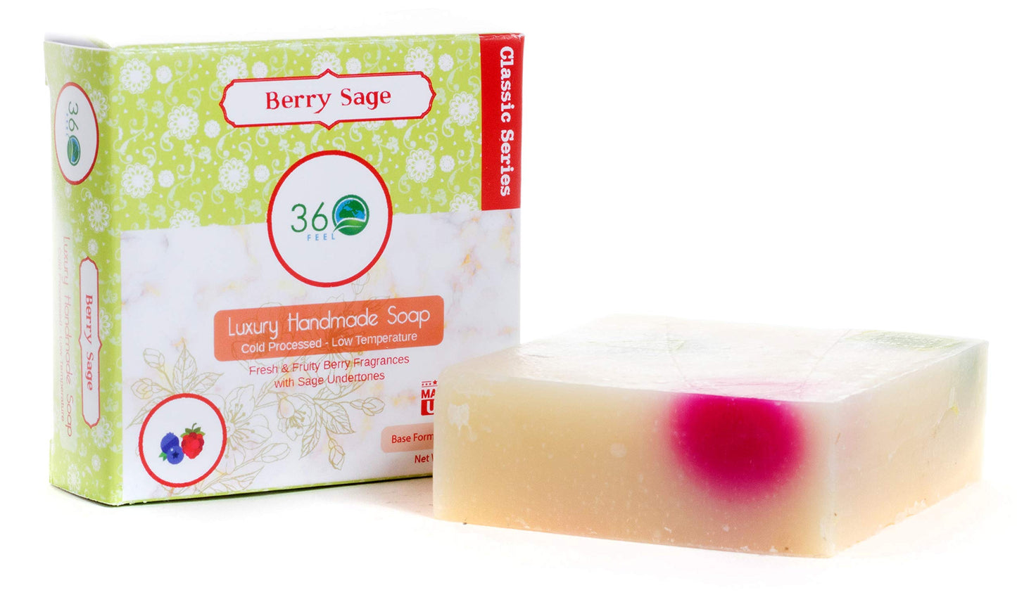 360Feel Berry Sage Soap -5oz Castile Handmade Soap bar-Fresh Fruity, Berry with Sage undertones- Pure Essential Oil Natural Soaps- Great as Anniversary Wedding Gifts- Gift ready