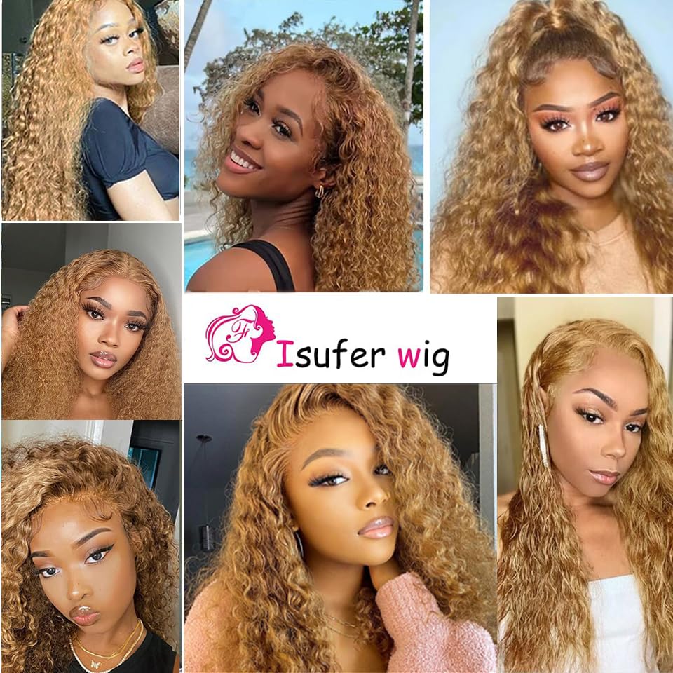 Honey Blonde Closure Transparent Lace 4X4 Lace Front Closure Curly Wave #27 Lace Closure Pre Plucked With Baby Hair Raw Remy Human Hair Brazilian Virgin Hair 12 Inch