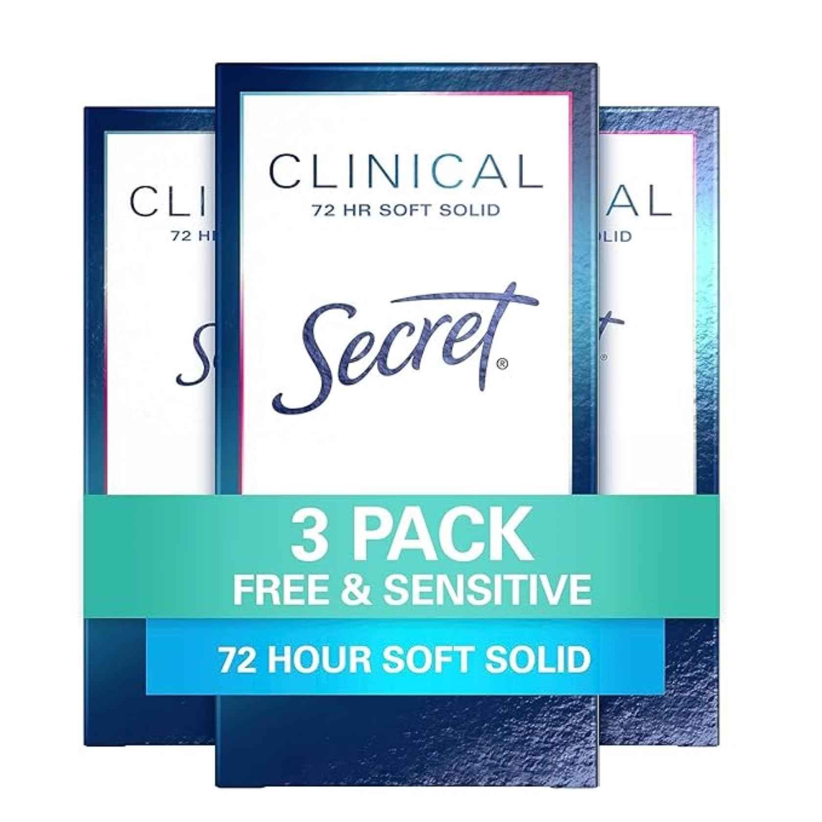 Secret Clinical Strength Antiperspirant Deodorant for Women, Free & Sensitive, 3X Stress Protection, 72hr Sweat & Odor Protection, PH Balancing Minerals, Soft Solid, Unscented, 1.6 oz (Pack of 3)