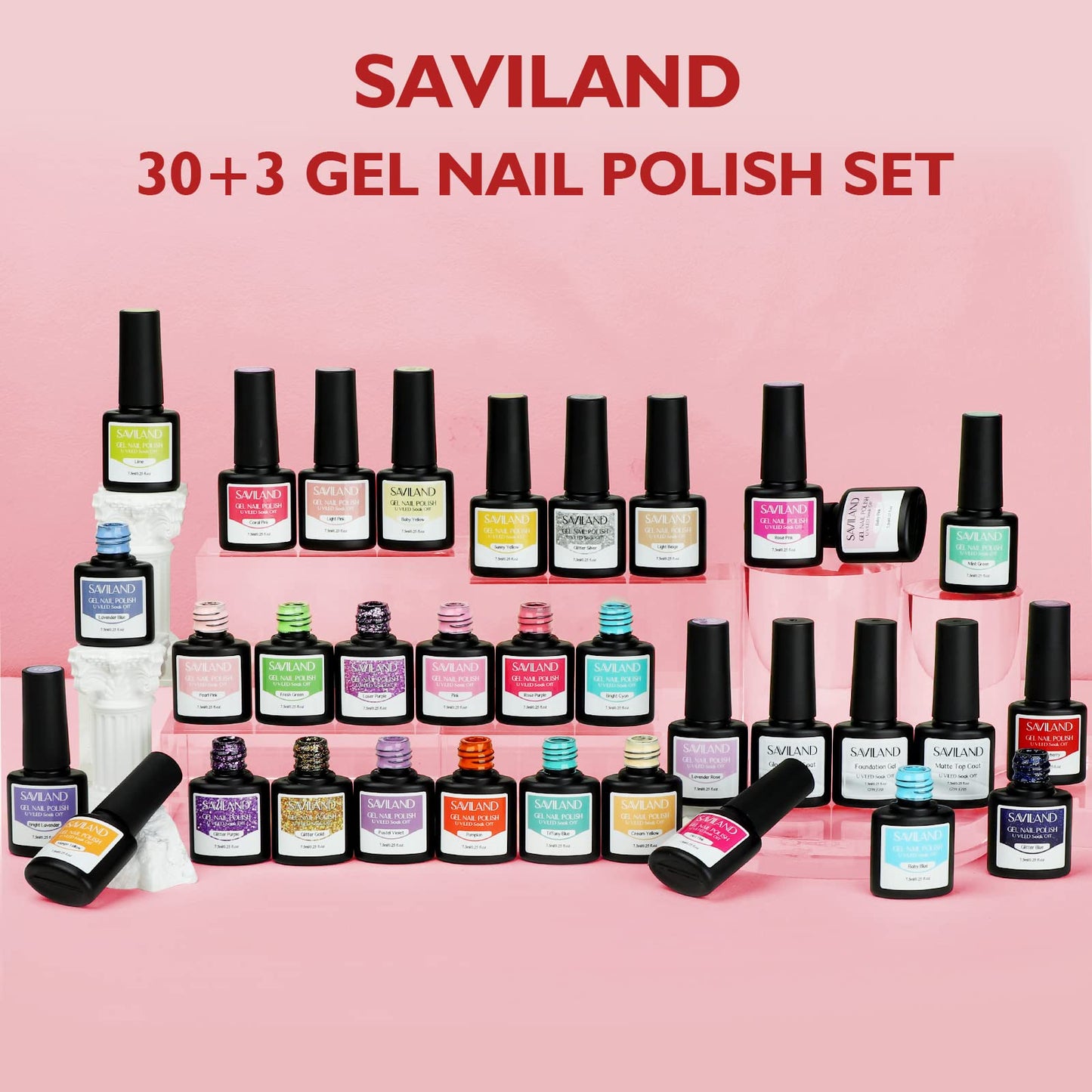 SAVILAND 33Pcs Gel Nail Polish Kit, Christmas Colors Gel Polish 7.5ml Soak Off U V LED Gel Pink Glitter Neon Bright Gel with Base & Glossy/Matte Top Gel Nail Supplies Nail Art Starter Kit Salon Home