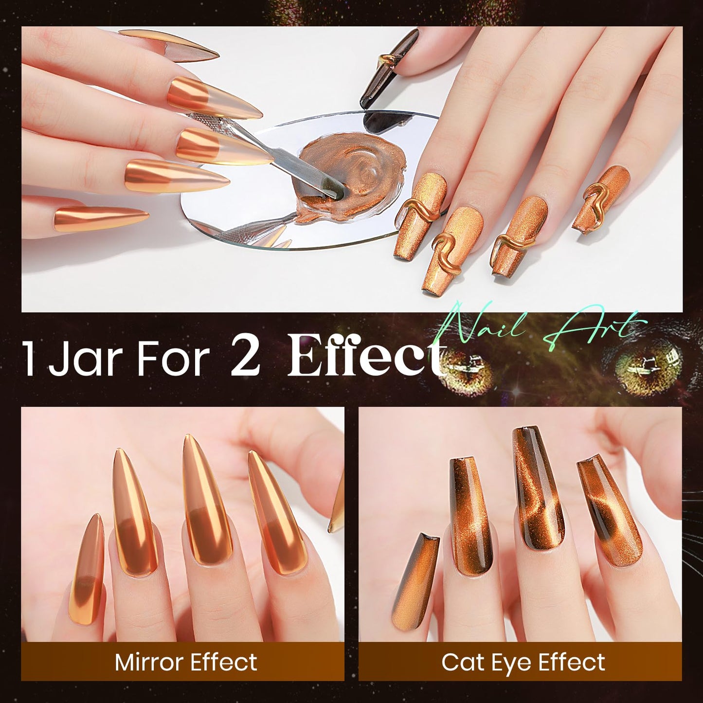 MIZHSE 9D Cat Eye Chrome Nail Powder Mirror Effect Gold Orange Fall Magnetic Glitter Pigment Powder for Gel Nails Chameleon Cateye Magic Galaxy Nail Art Powder with Magnet