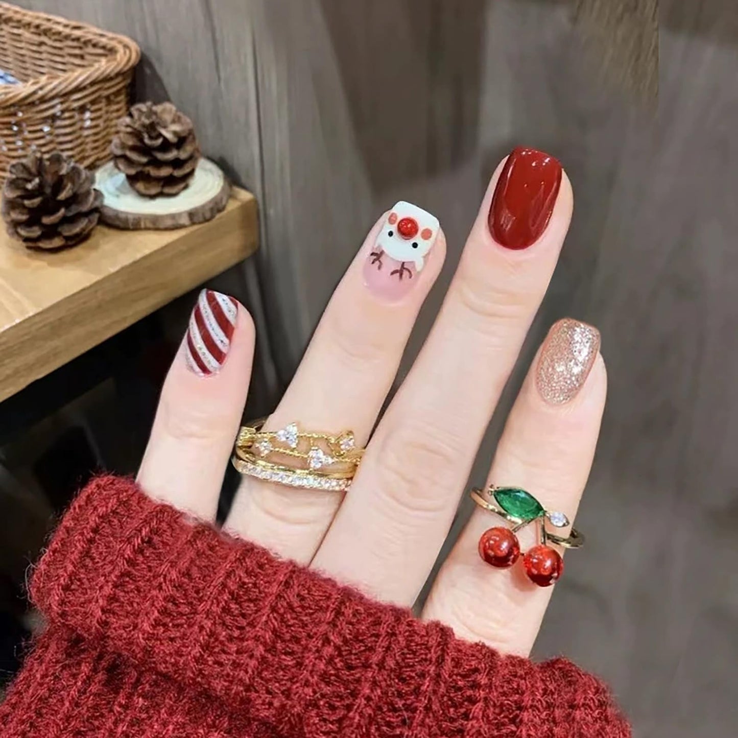 24Pcs Short Christmas Press on Nails Square Fake Nails Cute Elk Design Acrylic Nails Gold Glitter False Nails Full Cover Glossy Acrylic Nails Stick on Nails Jelly Press on Nails for Women and Girls