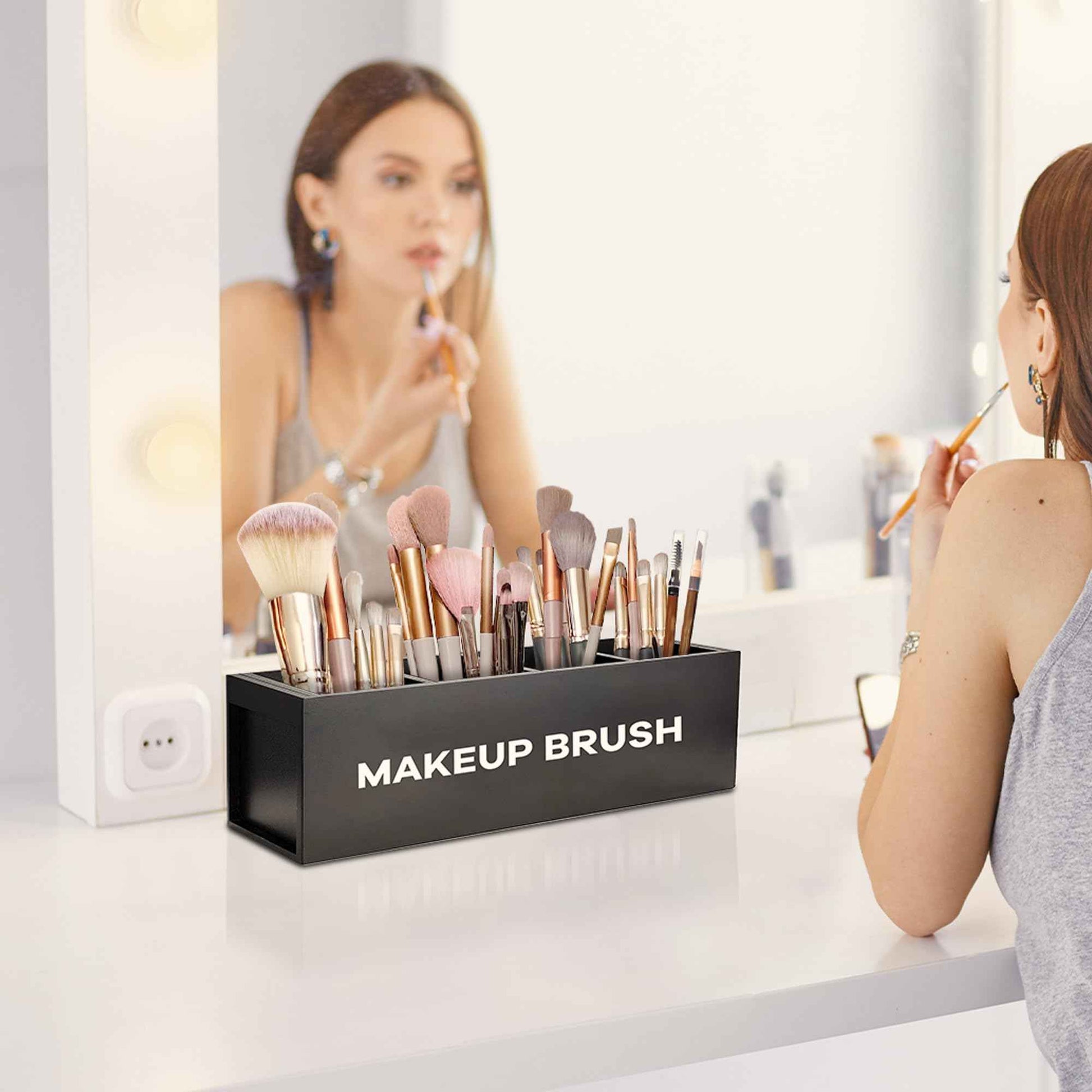 Suli Large Makeup Brush Holder Organizer, Wooden Cosmetic Brushes Storage with 4 Slots, Eyeliners Display Case for Vanity Desktop Bathroom Countertop -Black