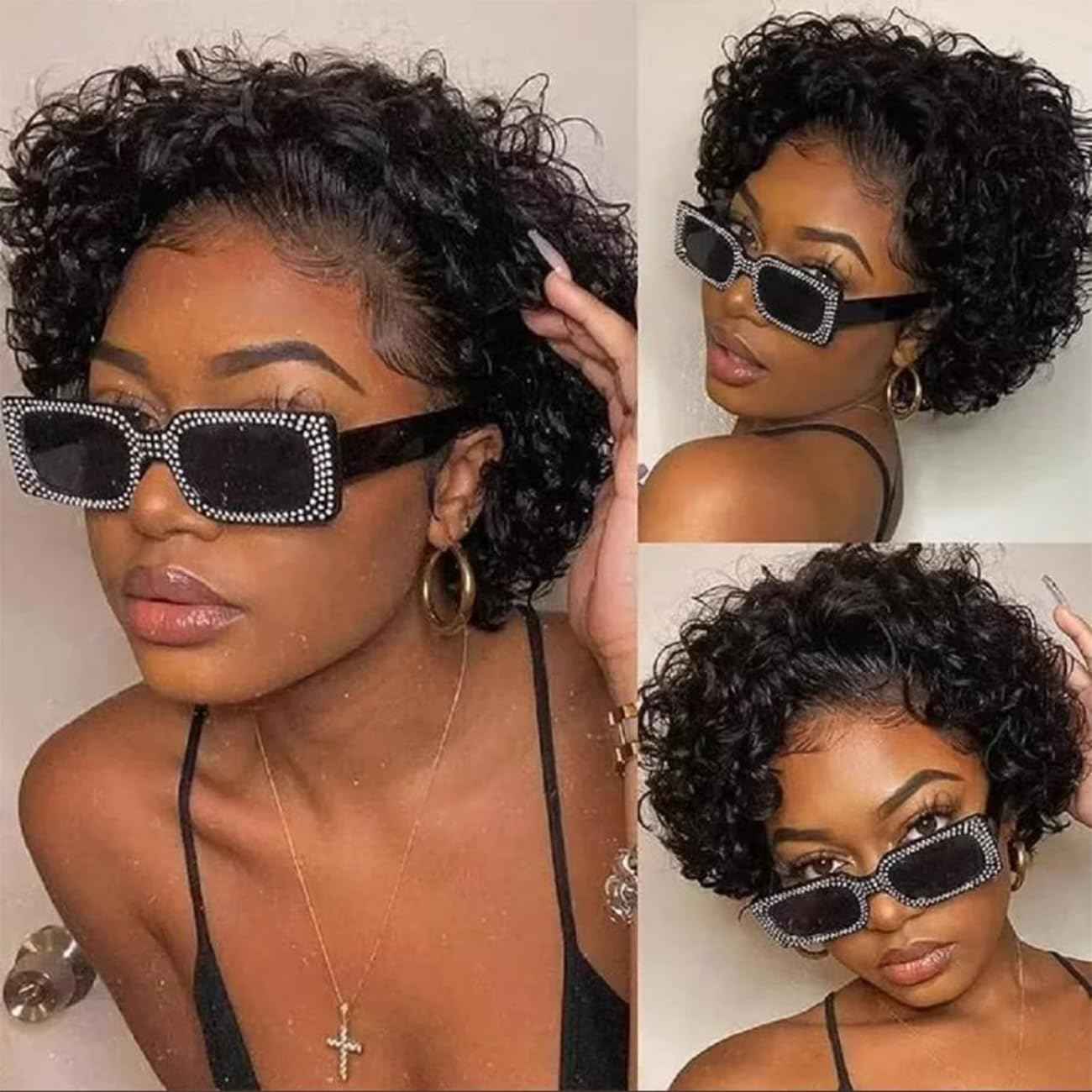 Bworto Pixie Cut Short Bob Glueless Frontal Wigs Human Hair Pre Plucked Deep Wave 13x4 Hd Lace Front Curly Wigs for Black Women Glueless Wig 6 Inch