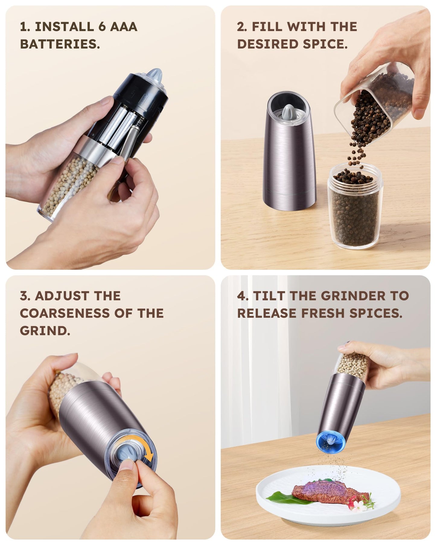 Sangcon Gravity Electric Salt and Pepper Grinder Set Automatic Shakers Mill Grinder with LED Light, Battery Powered Adjustable Coarseness One Hand Operation, Upgraded Larger Capacity