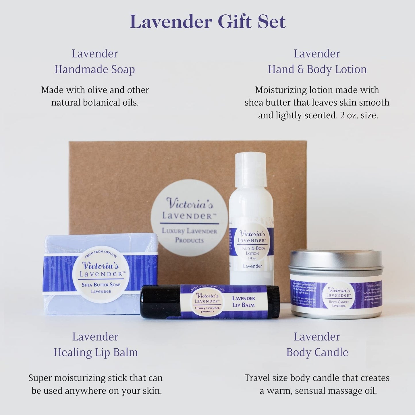 Victoria's Lavender Natural Body Products Gift Set - Handmade Soap, Hand & Body Lotion, Lip Balm, Body Candle Skin Care Sets & Kits, Lavender Bath and Body Products for Women, Lavender