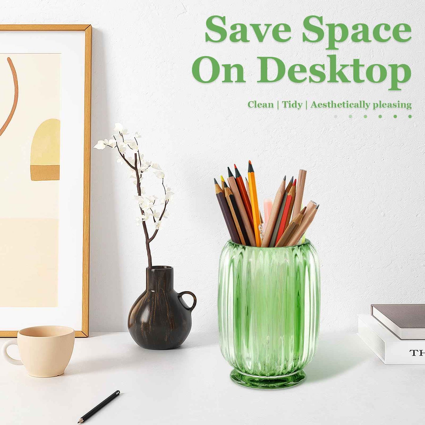 Makeup Brush Holder, Thick Glass Makeup Brush Organizer Cup, 4.8" Tall for Vanity Hair Brush Holder Brushes Storage, Makeup Brush Holder Organizer organizador de brochas de maquillaje Crystal Green