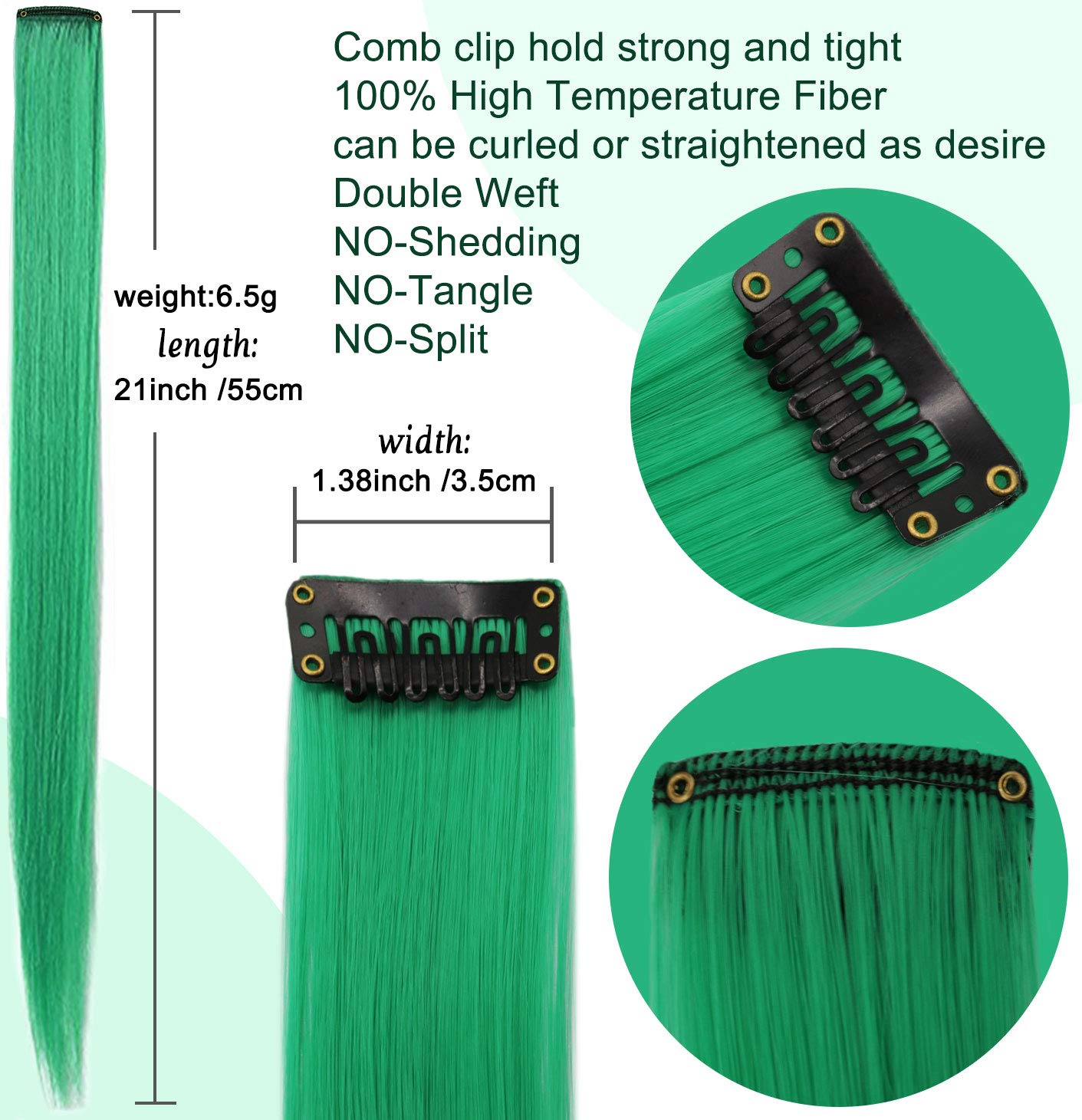 Rhyme 9PCS Princess Party Highlight Green Hairpieces Colored Hair Extensions Clip in/on for Girls and Women Wig Pieces Green Hair Accessories (Green)