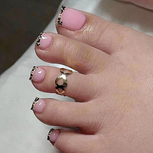 French Tip Press on Toe Nails Full Cover Short Square Fake Toenails Glossy Leopard Print Toenail Tips Glue on Toe Nails Cute Nude Pink Stick on Toenails Summer Reusable Acrylic Toenails for Women