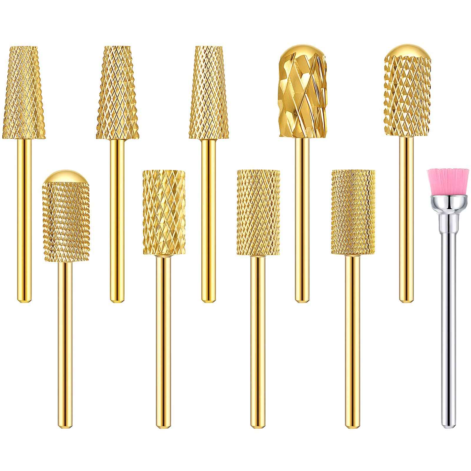 Honoson 10 Pcs Nail Drill Bits Set, 3/32 Inch Cuticle Tungsten Carbide Bits for Nail Tech, File Remove Acrylic Gel Polish, Manicure Pedicure Tools for Salon Home Supplies(Gold)
