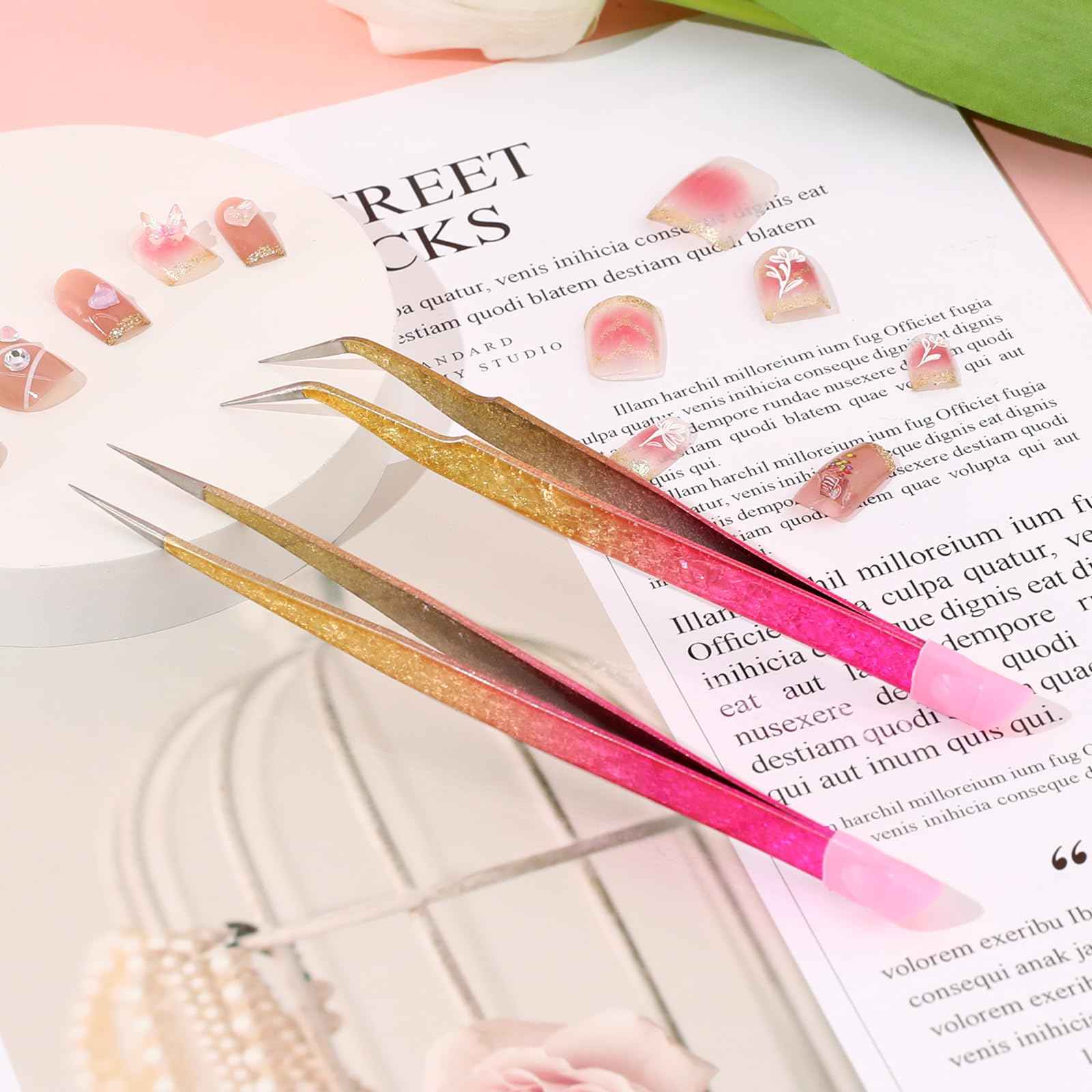 Double Ended Nail Art TweezersCurved,2Pcs Tweezers, Eyelash Tweezers, Straight Fine Tip Tweezers for Women with Silicone Pressing Tips, Suitable for Nail Art, Hair Removal, Jewelry