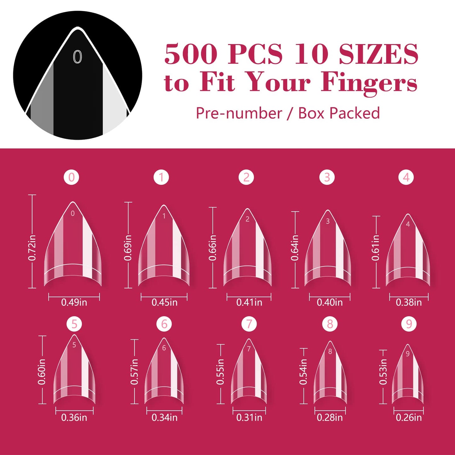 500PCS Short Stiletto Nail Tips for Acrylic Nails Professional, Extra Short Clear False Nails French Tips Artificial Nail Extension for Manicure Nail Salon Supplies DIY Home,10 Sizes