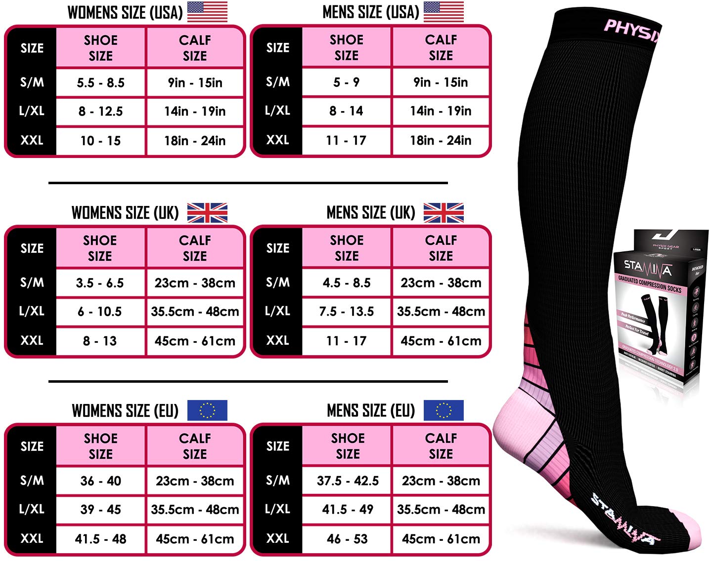 Physix Gear Compression Socks 20-30 mmHg - Men & Women - Running, Nurses, Shin Splints, Flight, Travel (BLACK / PINK-S/M)