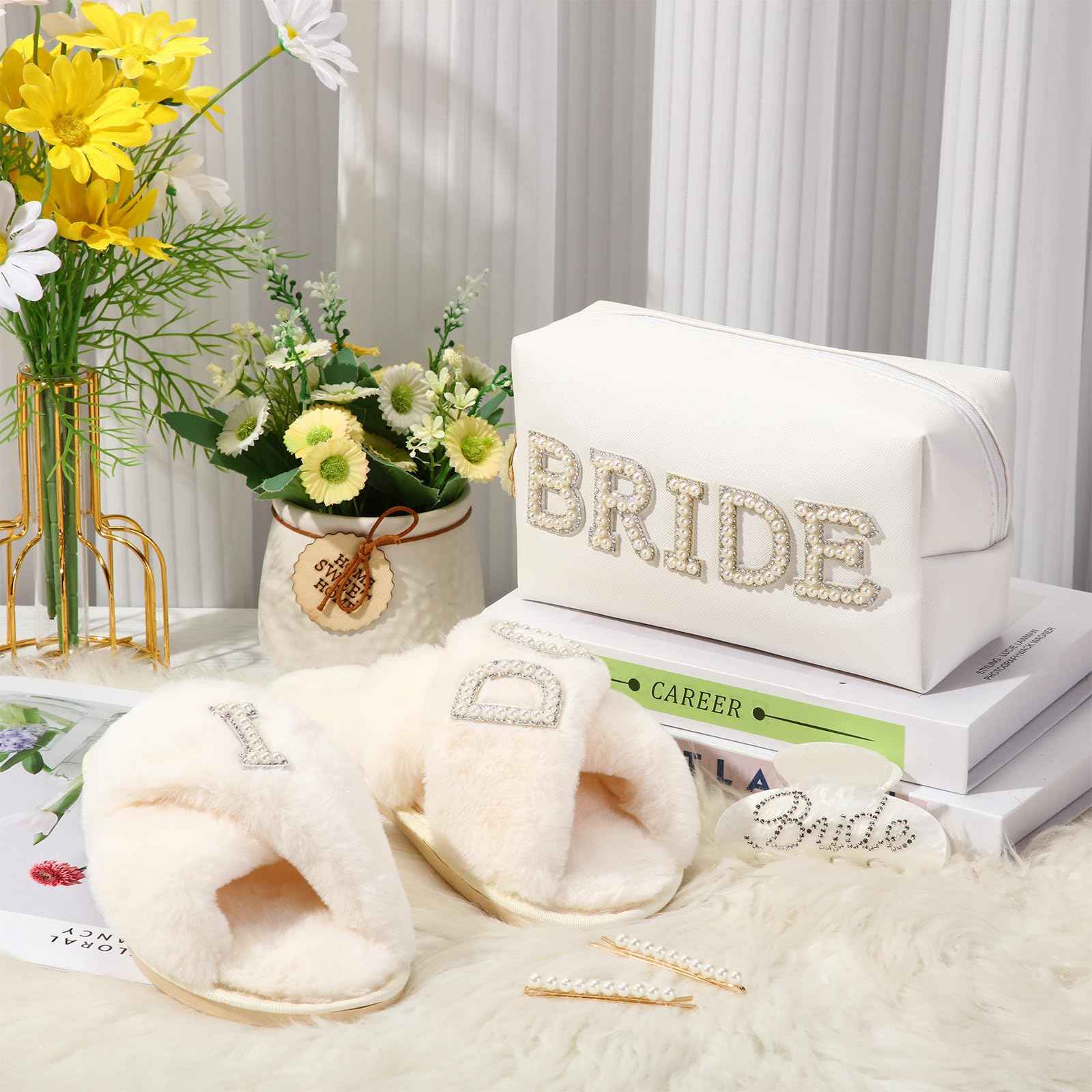 Shyyween 5 Pcs Bridal Gift Set Bride Makeup Bag I Do Bride Slippers Claw Hair Clip and Hairpins Accessories Wedding Engagement Gift Shower for Bridal Engagement Bachelorette Party
