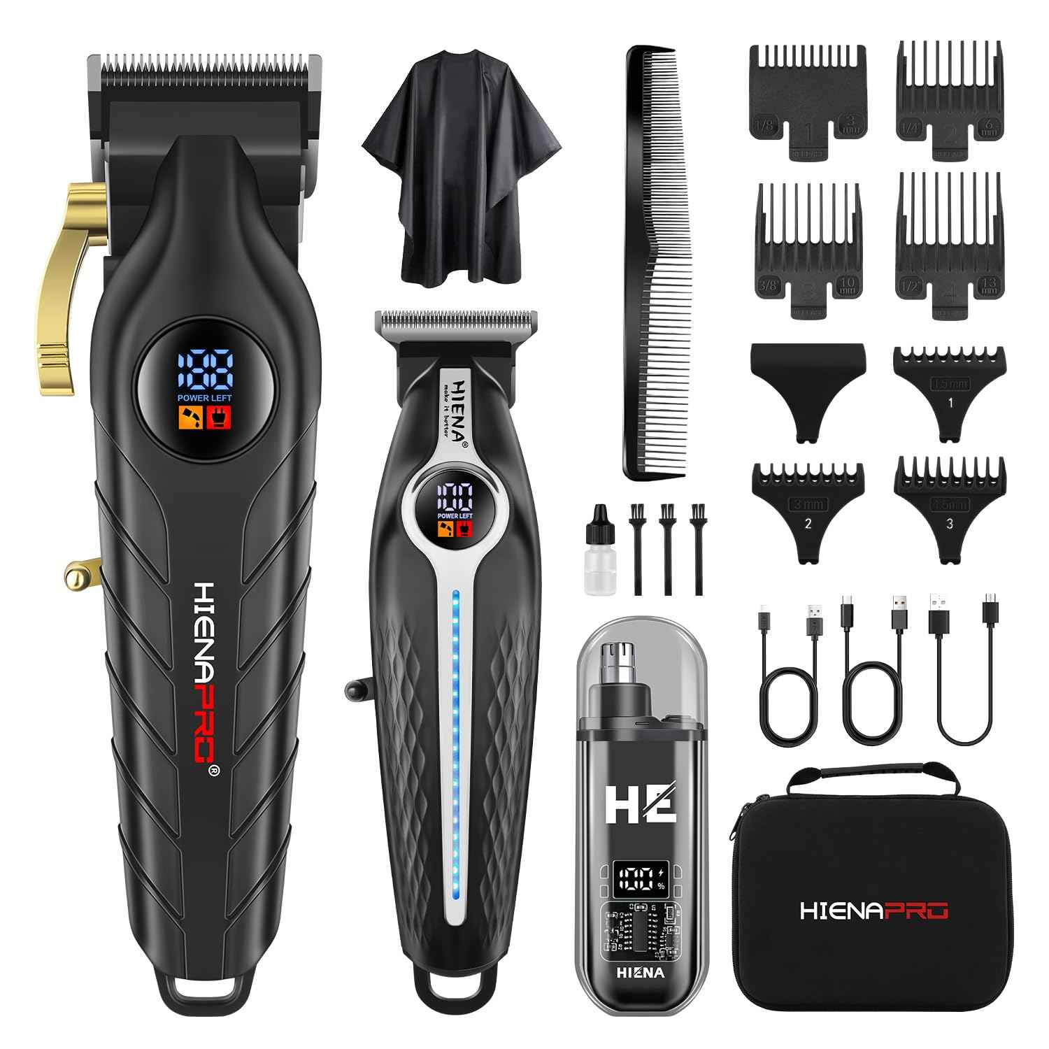 HIENA PRO Professional Hair Clippers for Men, Electric Hair Clipper Set for Barber Kit ，Hair Clipper and Trimmer Set，Full Barber Clipper Set with LED Display Gifts Mens (Silver)