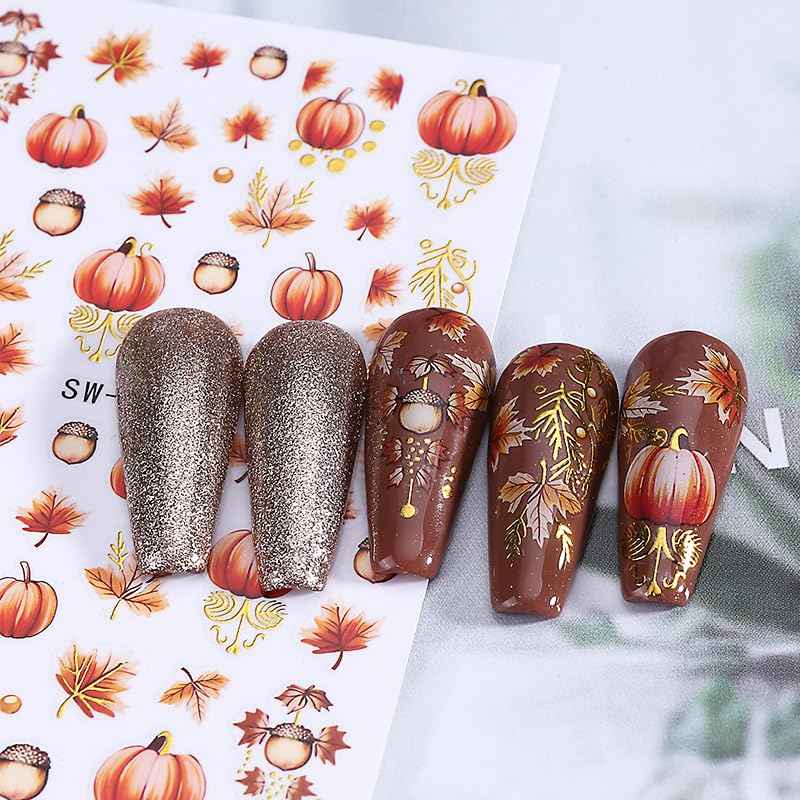 Pumpkin Nail Art Stickers Fall Maple Leaf Nail Decals 6PCS Maple Leaves Pumpkin Nails Design 3D Self-Adhesive Nail Art Supplies Fall Stickers for Nails Thanksgiving Day Women DIY Manicure Decorations