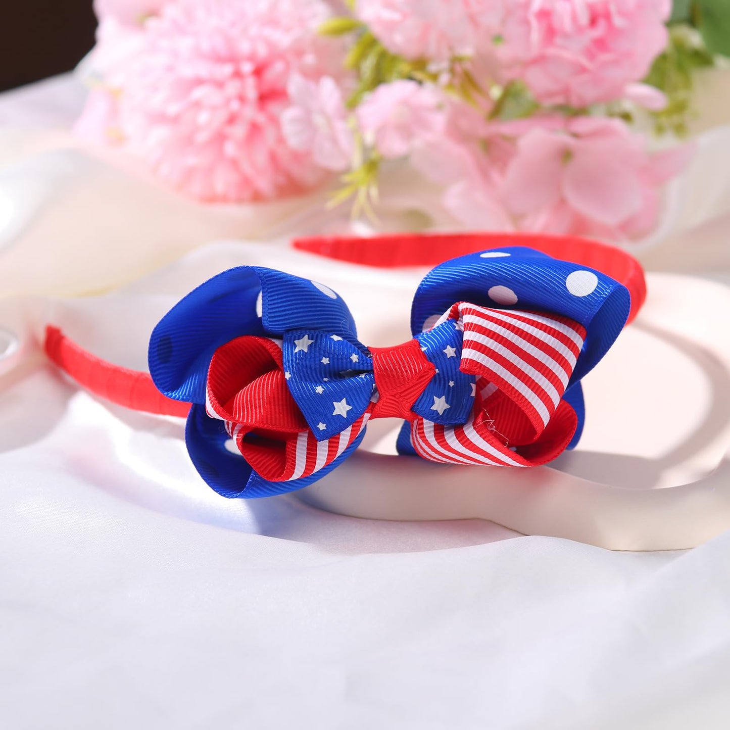 HIFANMM 4th of July Headband Independence Day Hair Accessories Patriotic Party Bow Hair Supplies USA Flag Big Bow Knot Design Blue Stars Hair Decoration Non Slip Head Band for Women Girls Kids 1 Pcs