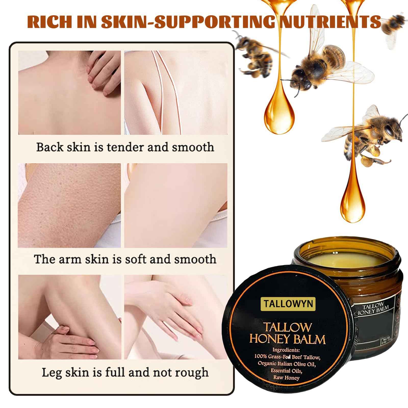 Grass-Fed Beef Tallow Balm with Raw Honey, Beef Tallow and Honey Balm for Face and Body, Natural Soothing Moisturizing, Deep Nourishing, 4.23oz / 120g