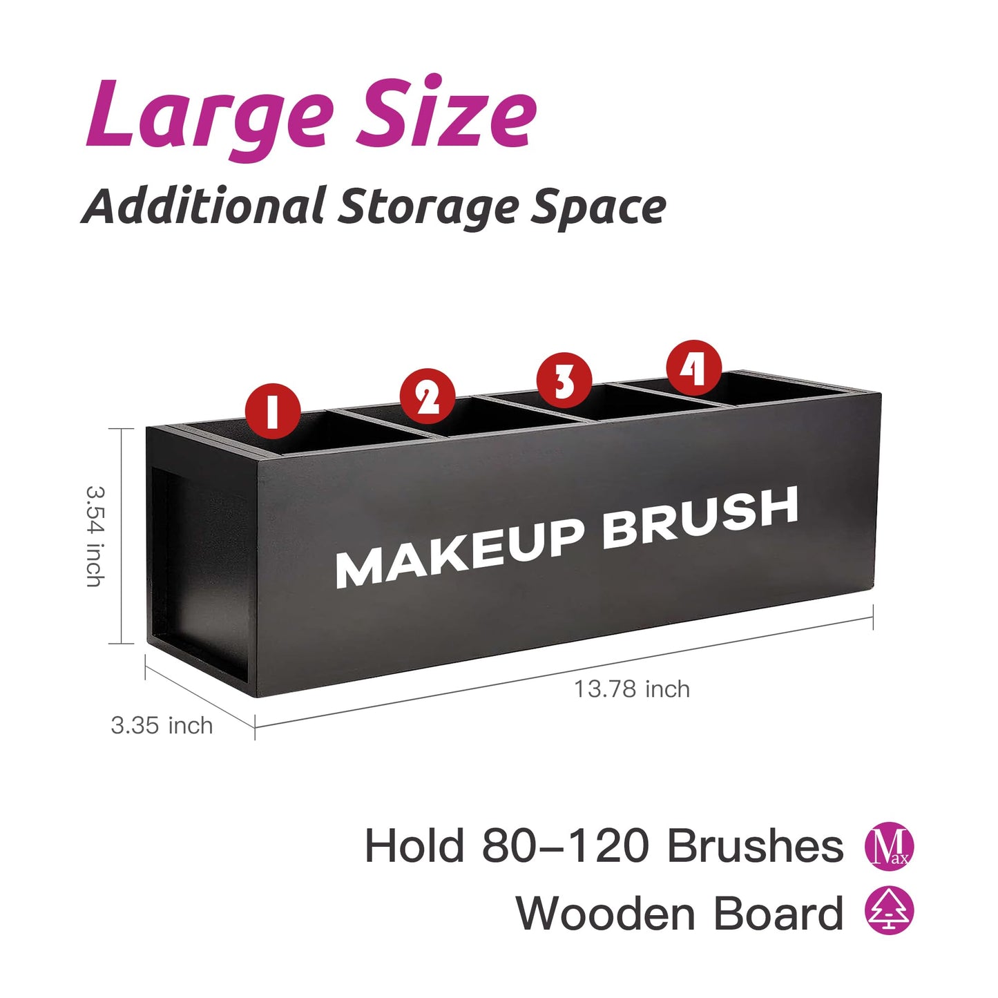 Suli Large Makeup Brush Holder Organizer, Wooden Cosmetic Brushes Storage with 4 Slots, Eyeliners Display Case for Vanity Desktop Bathroom Countertop -Black