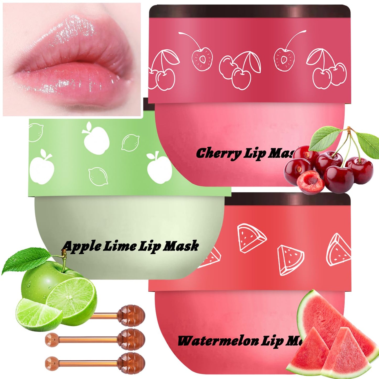 3 Pcs Bee Lip Balm Honey Pot, Cherry Watermelon Apple Lip Mask Overnight, Moisturizing Lip Sleeping Mask, Hydrate Repair Prevent Dry Cracked Lip Exfoliator Lip Care (Cherry+Watermelon+Apple Lime)