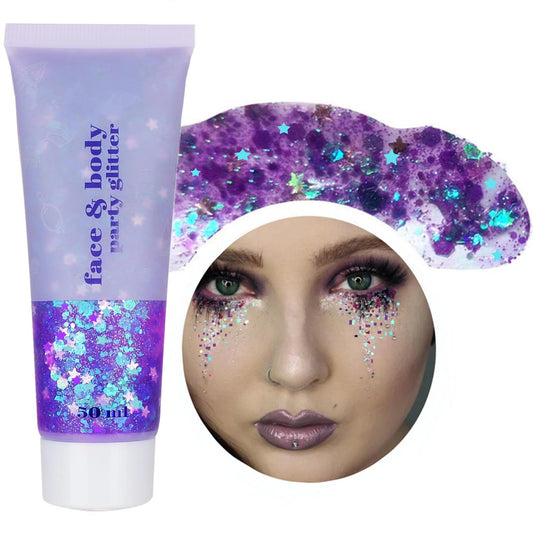 Go Ho Lavender Purple Body Glitter Gel,Purple Mermaid Face Glitter Makeup,Holographic Chunky Sequins Glitters for Eye Lip Hair Nails,Festival Glitter Rave Accessories,52g