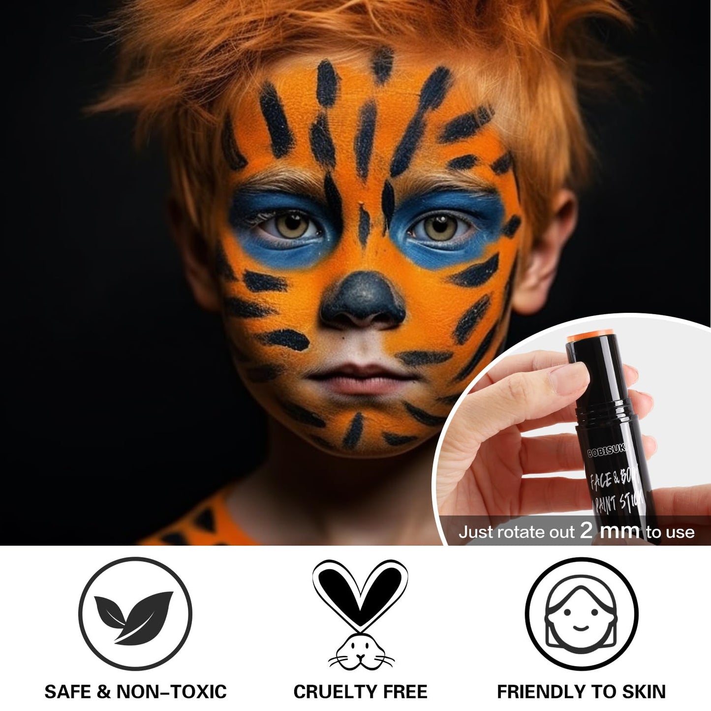 BOBISUKA Orange Face Body Paint Stick Eye Black Sticks for Football Baseball Softball Water Based Face Painting Kit Quick Drying Foundation Makeup for Halloween Pumpkin Cosplay SFX Costume Party