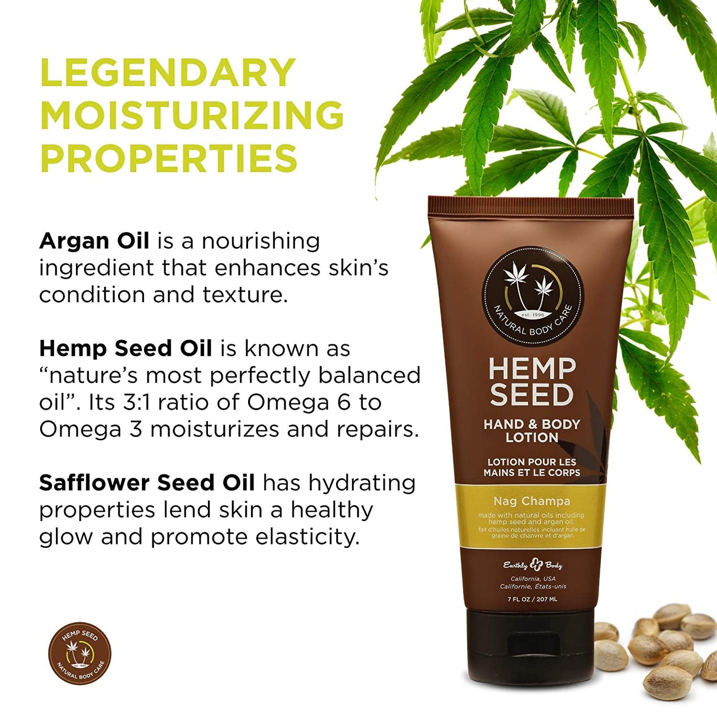 Hemp Seed Hand & Body Lotion, Nag Champa Scent - 16 oz. - Soothe Dry Skin - Argan Oil, Hemp Seed Oil - Light, Non-Greasy Formula - Vegan & Cruelty Free