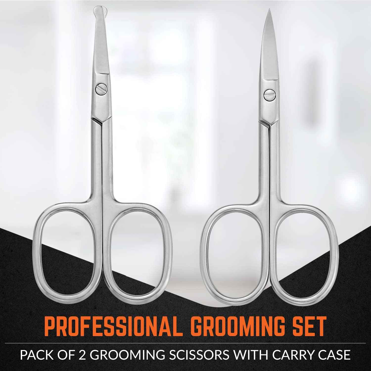 Stainless Steel Grooming Scissors - Eyebrow Scissor, Beard & Mustache Trimming Set, Small Curved & Rounded Tip Facial Hair Trimmer Kit for A Much Safer Ear, Nose Hair Clipper for Men & Travel Case