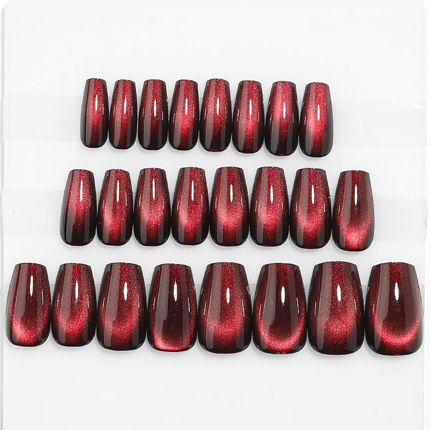 Dark Red Cat Eye Press on Nails Medium Coffin Fake Nails with Velvet & Glitter Designs KKUUOO Handmade False Nails Shiny Acrylic Nails Full Cover Glossy Stick on Nails for Women Girls 24Pcs