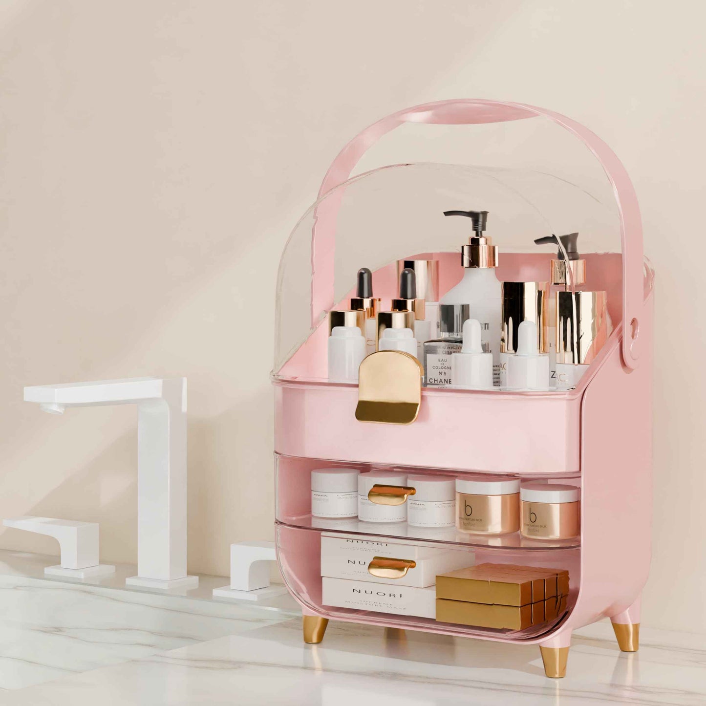 Makeup Organizer Countertop With Lid And Drawers Large Skin Care Cosmetic Display Case Holder for Vanity Desk Bathroom Storage Box,Pink