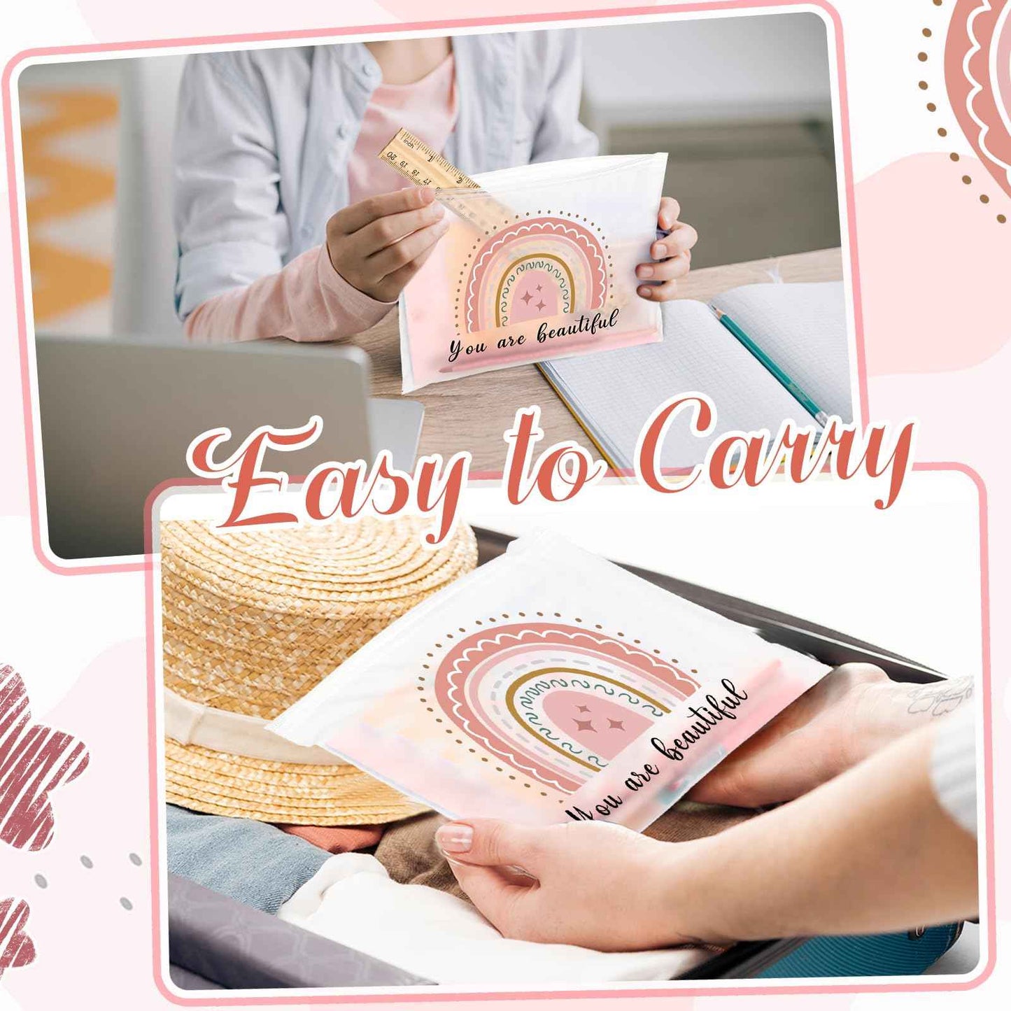 Wesiti 50 Pcs Rainbow Cosmetic Bag Inspirational Gift Motivational Quotes Christian Makeup Bag Bulk Waterproof Zipper Pouch for Women Girl Teacher Christmas Gift(You Are Beautiful)