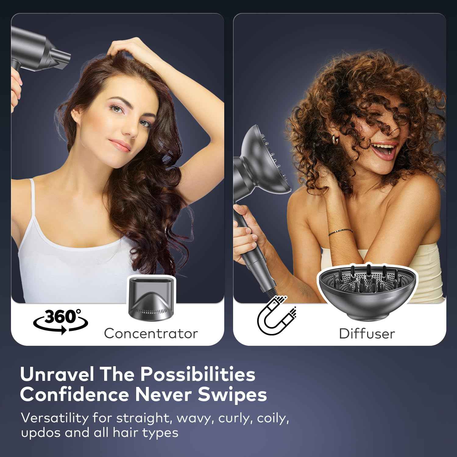 Hair Dryer with Diffuser,Fast Drying 1500W Motor &10,5000 RPM,Professional Hair Dryer with 500 Million Ions for Curly and Straight Hair Low Noise/Lightweight/Mini,Great for Travel and Home(Gray)