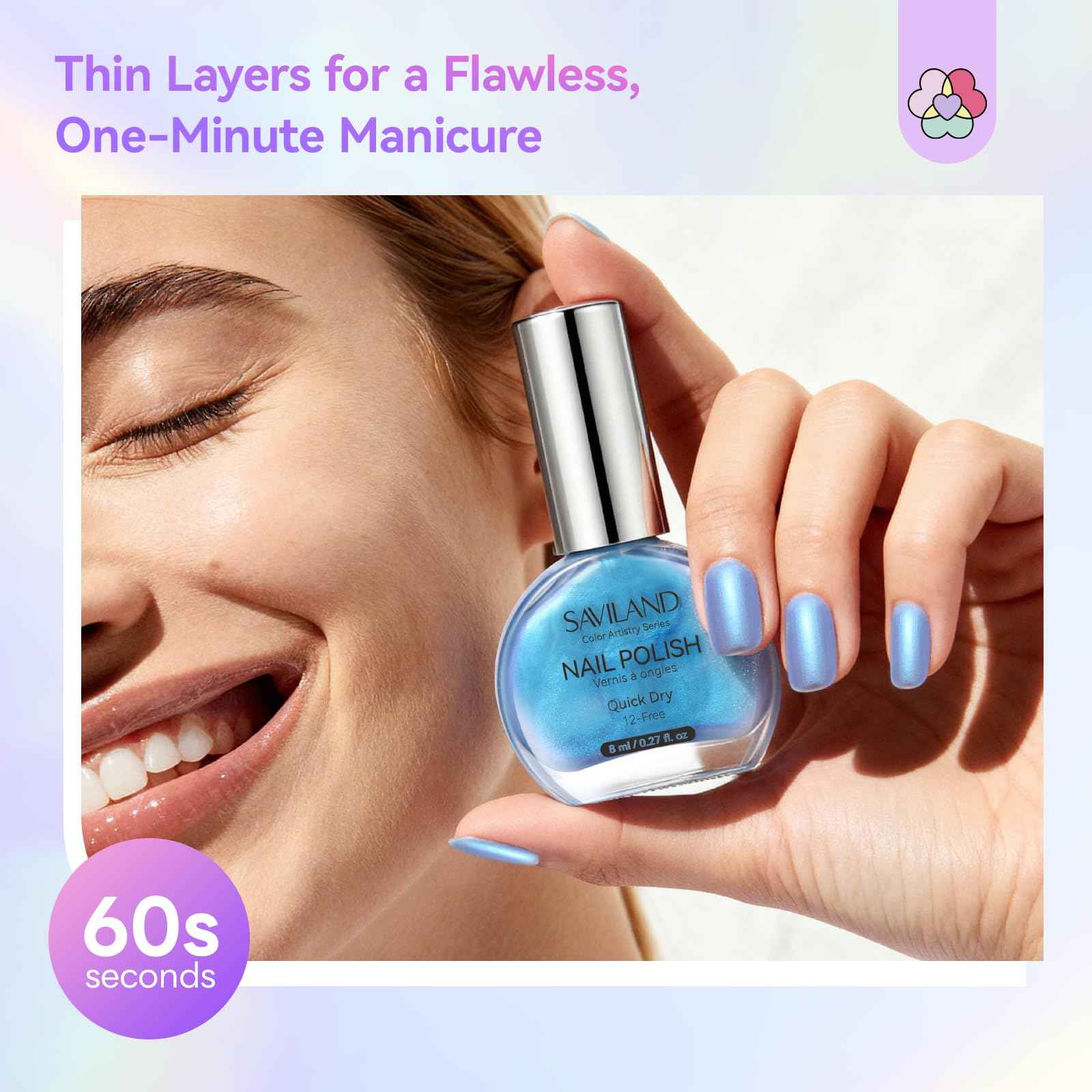 SAVILAND Color Artistry Quick-Dry Aurora Nail Polish Kit: 6+1 Colors Nail Polish Set with 3-in-1 Base Top Coat Cuticle Oil Pearl Glitter Pink Blue Green 12-Free Fingernail Polish for Women Girls Gift