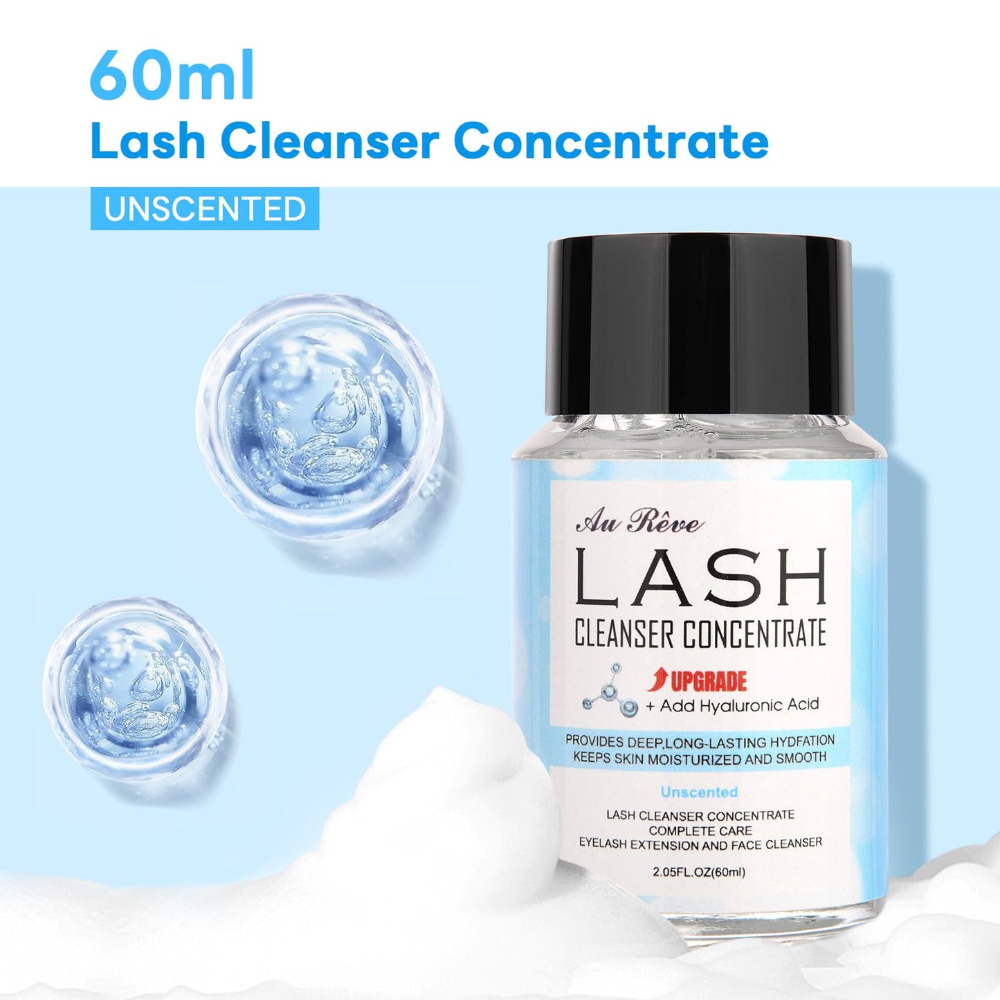 AuReve Lash Shampoo Concentrate 60ml Lash Cleanser Concentrate Add Hyaluronic Acid Oil-Free Lash Extension Shampoo Perfect for Salon，Unscented