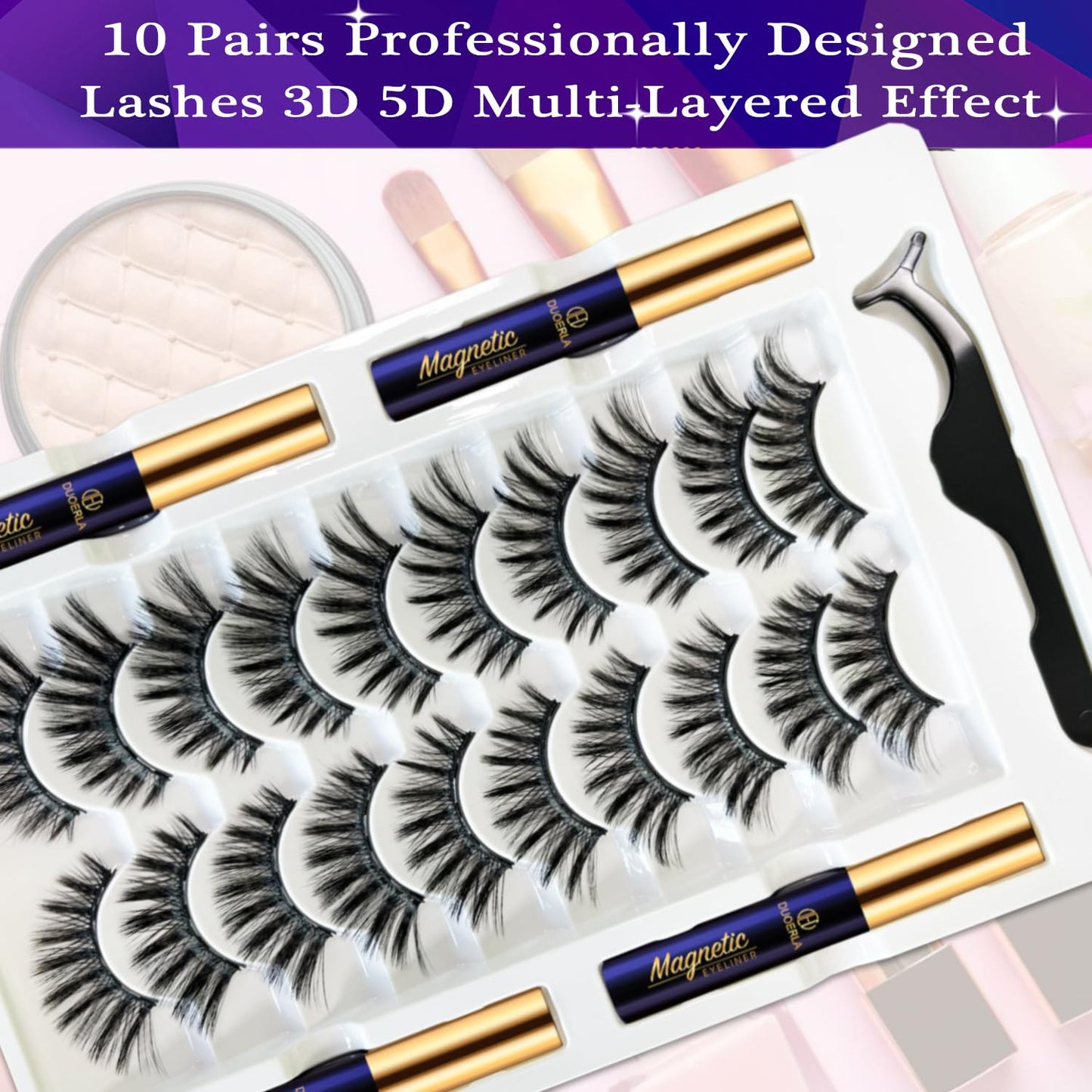 DUOERLA Magnetic Eyelashes Natural Look Cat Eye Magnetic Lashes Set with Applicator,10 Pairs Reusable 3D Magnetic Lash Kit with Eyeliner (4 Tubes), Upgraded Long-Lasting, Easy, Cruelty Free.