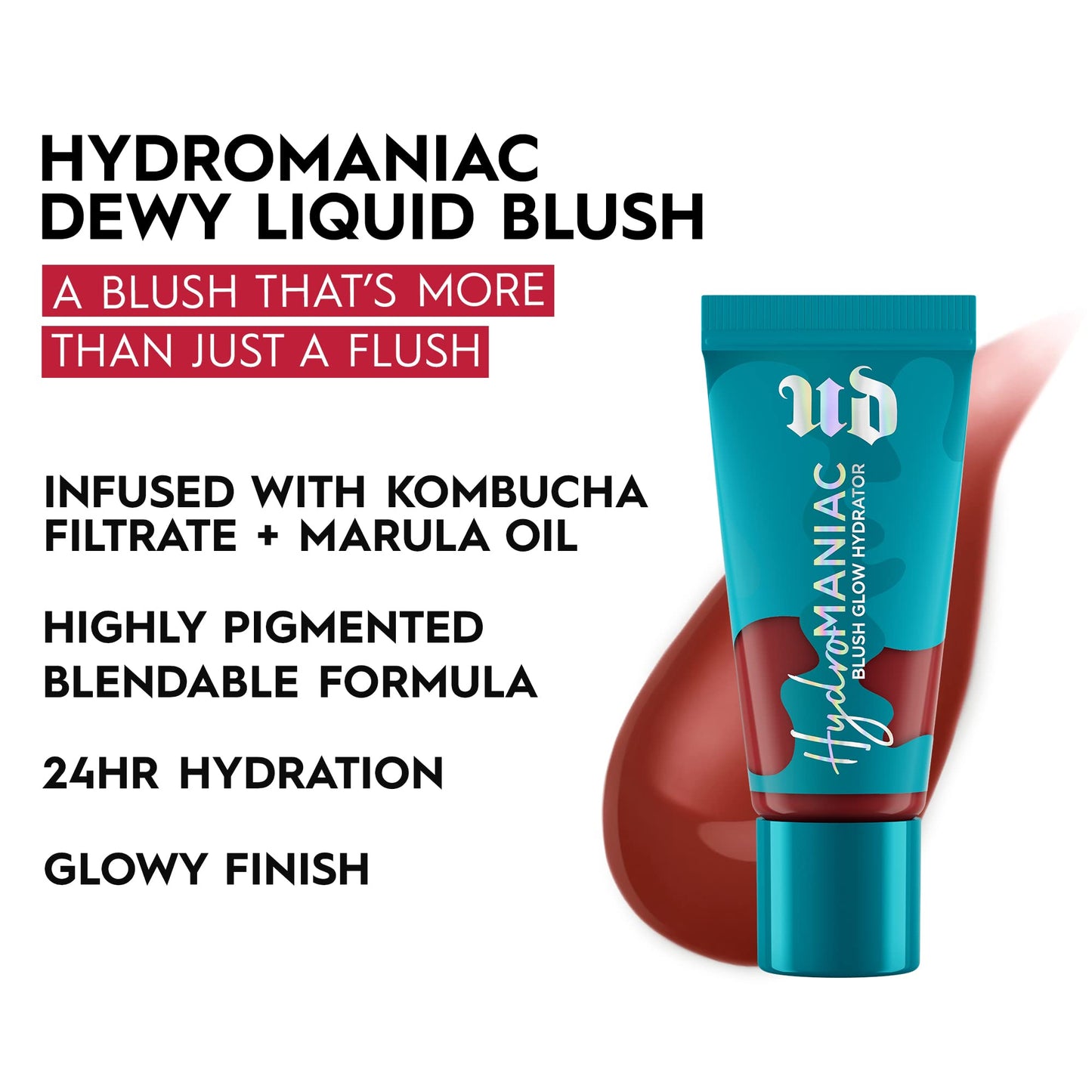 Urban Decay Hydromaniac Dewy Liquid Blush (Rebellious - Burnt Terracotta), Long-Lasting & Buildable Plumping Cheek Tint with 24HR Hydration, Kombucha Filtrate and Marula Oil, Vegan - 0.5 fl oz