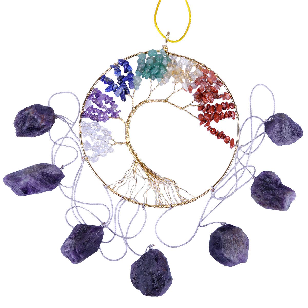 mookaitedecor 7 Chakra Tree of Life with Natural Amethyst Rough Stones Wall Hanging Ornament Home Decoration for Reiki Healing Meditation, 23-26 Inch