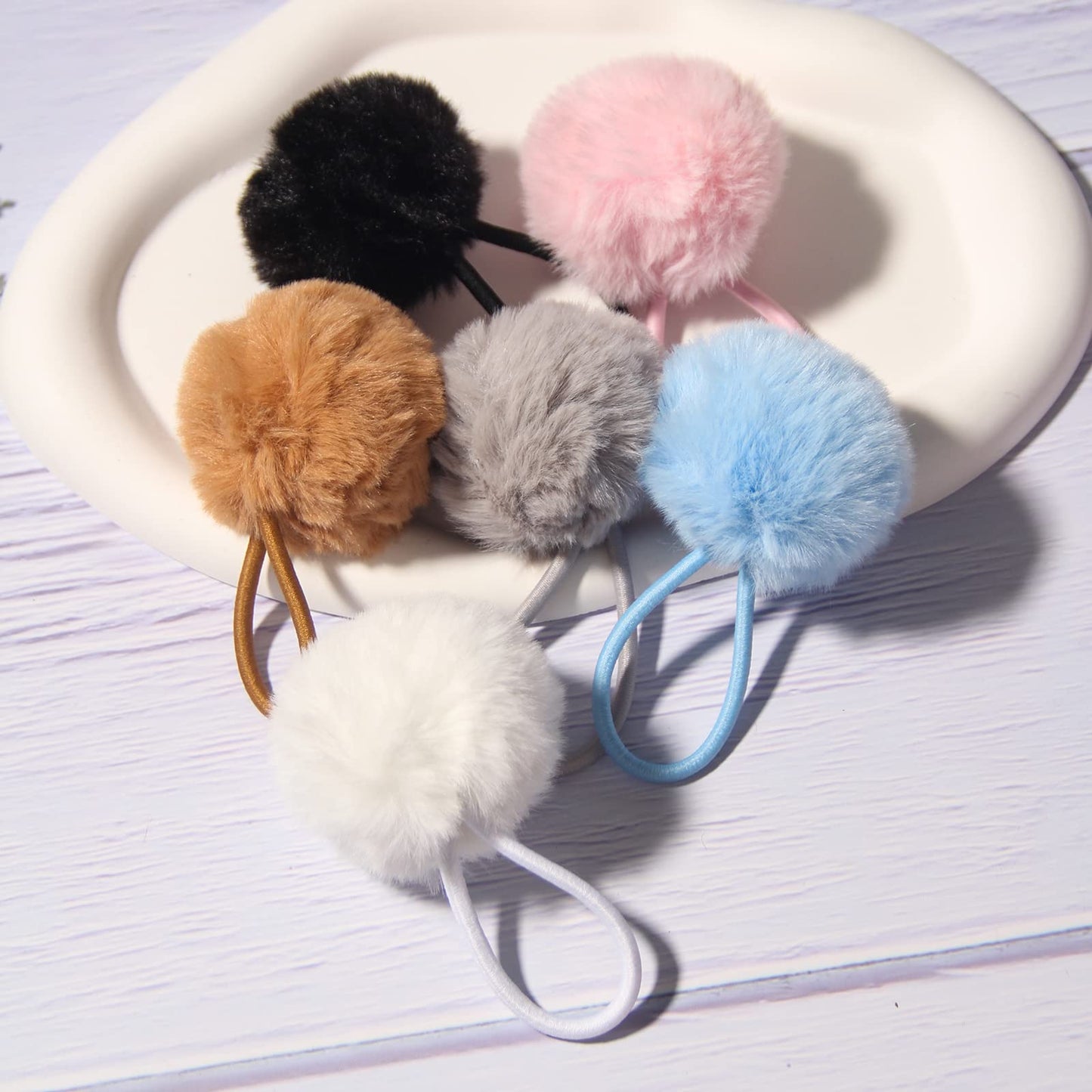 SUSULU Furry Hair Elastic Bands Faux Rabbit Fur Pompom Hair Ties Scrunchies for Women, Rubber Band with 5cm Ball Ponytail Holder Accessories Pack of 12pcs (White)