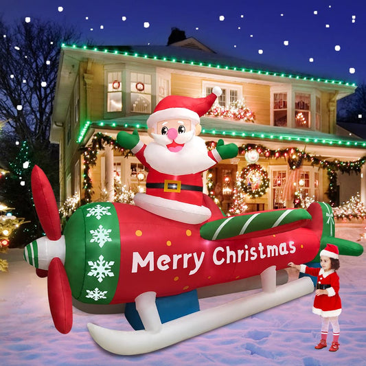 KOOY 9FT Christmas Inflatables Santa Claus on Airplane Outdoor Decorations Blow Up Giant Yard Decoration Bright LED Lights for Garden Yard Lawn Outdoor Indoor Holiday Xmas Gifts