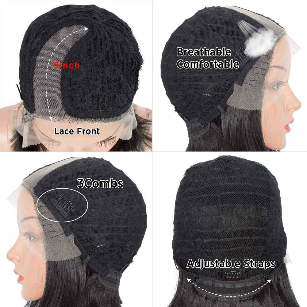 DÉBUT Lace Front Wigs for Black Women Bob Wigs for White Women Synthetic Wig 9.5" 120g Natural Straight Swiss Lace Heat Resistant Fibers Half Hand Tied (Simulated Scalp 9.5", Tt1B/56)