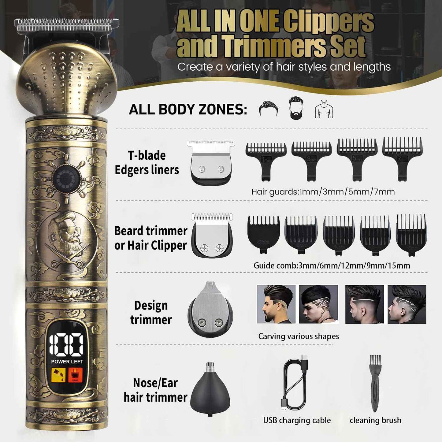 NuvaConx Trimmer Kit Professional Hair Clipper Zero Gapped T-Blade Electric Shaver Razor Nose Body Trimmer for Men Cordless Grooming Kit 4 in 1