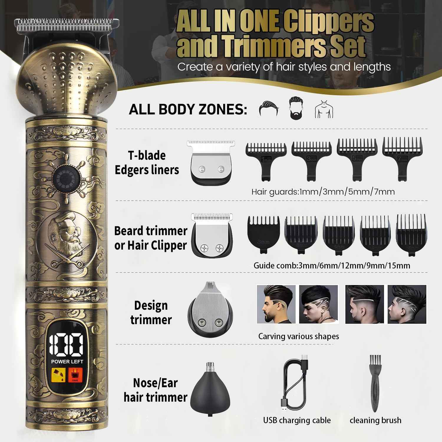 NuvaConx Trimmer Kit Professional Hair Clipper Zero Gapped T-Blade Electric Shaver Razor Nose Body Trimmer for Men Cordless Grooming Kit 4 in 1