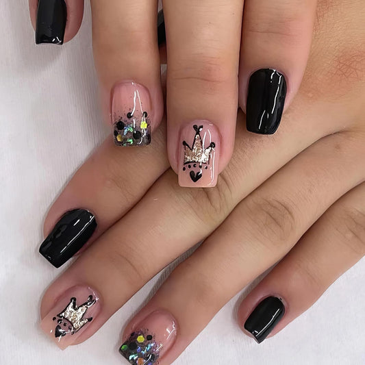 Black Press on Nails Short Square Fake Nails with Glitter Crown Sequins Design Luxury False Nails Glossy Stick on Nails Acrylic Glue on Nails Artificial Nails for Women