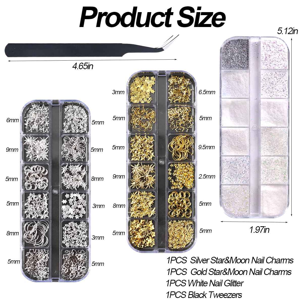 Star Moon Nail Charms for Nails Art 3D Gold Silver Starlight Cross Star Nail Rivet Studs Decoration Alloy Metallic Stars Accessories and Sugar Glitter Powder for Nails Manicure Craft DIY