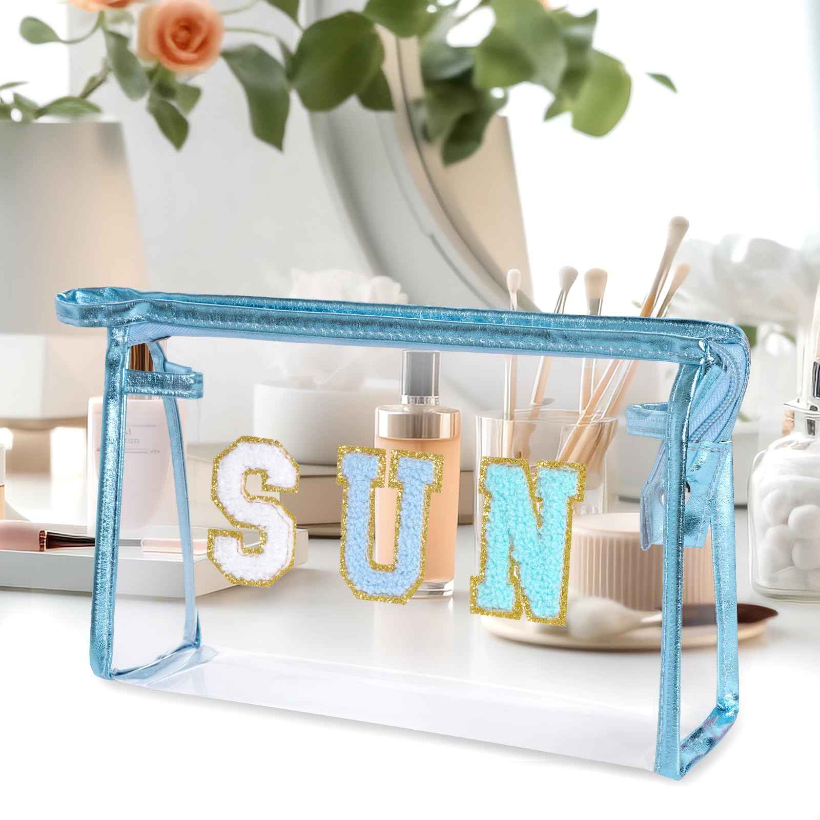 Hmxpls Clear Preppy Patch Makeup Bag, Sun Chenille Letter Bag for Beach, Pouch With Zipper, Travel Cosmetic Toiletry Bag for Women Girls Teens (Blue)