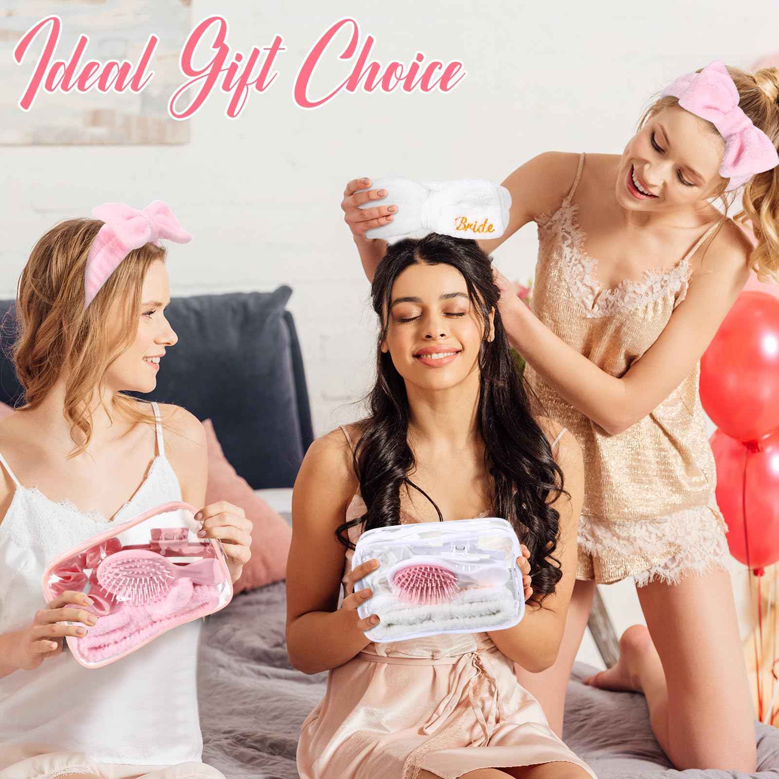 Wavyknot 40 Pcs Bachelorette Favor Set Include Headband Scrunchies Hair Claw Clips Hairbrush and Makeup Bag for Bridal Shower Party Gifts Bridesmaid Wedding Supplies (White and Pink)