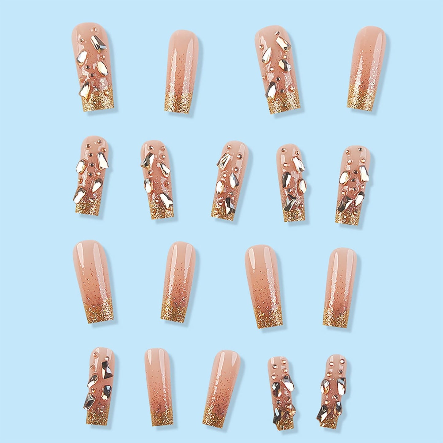 Rilafuvu Press on Nails Long Fake Nails Nude Glue on Nails Rhinestones Acrylic Nails French Nails Glitter Artificial Nails False Nails Press on Nail Stick on Nails for Women and Girls 24Pcs