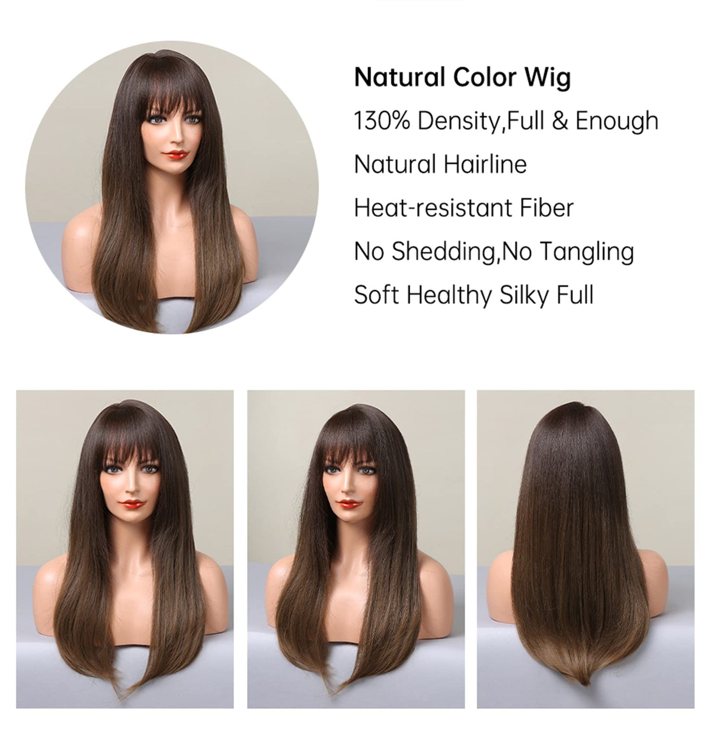 LANOVA Dark to Brown Wigs with Bangs,Ombre Brown Straight Wig for Woman Natural Looking Glueless Synthetic Cosplay Wig 20 inch LANOVA-237